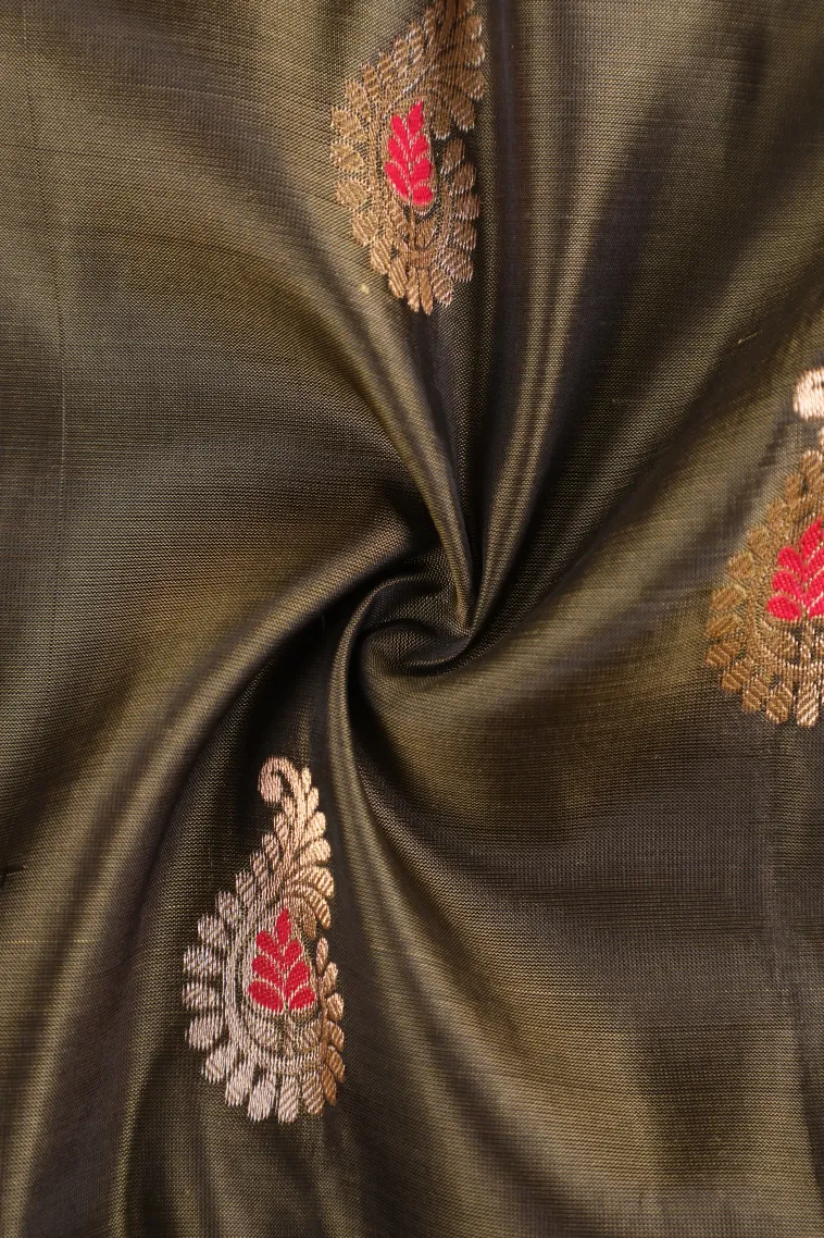 Seaweed Green Soft Silk Saree with Gold Zari Mango Puttas view 4