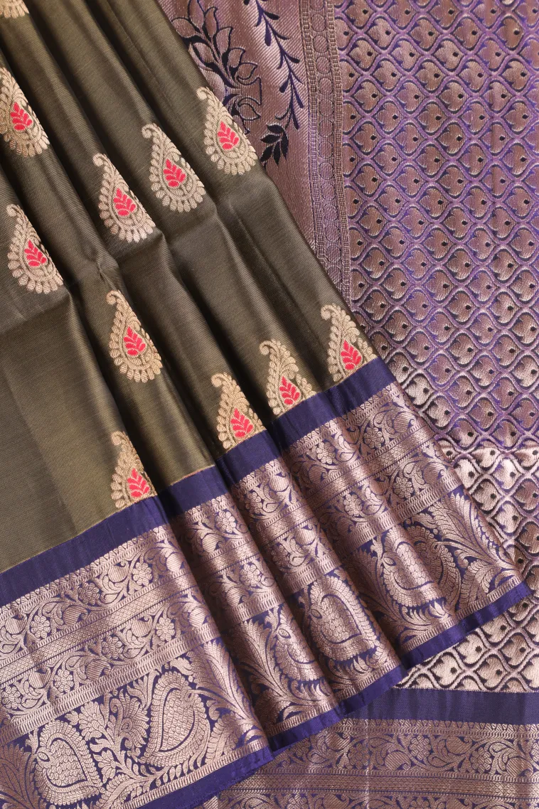 Seaweed Green Soft Silk Saree with Gold Zari Mango Puttas