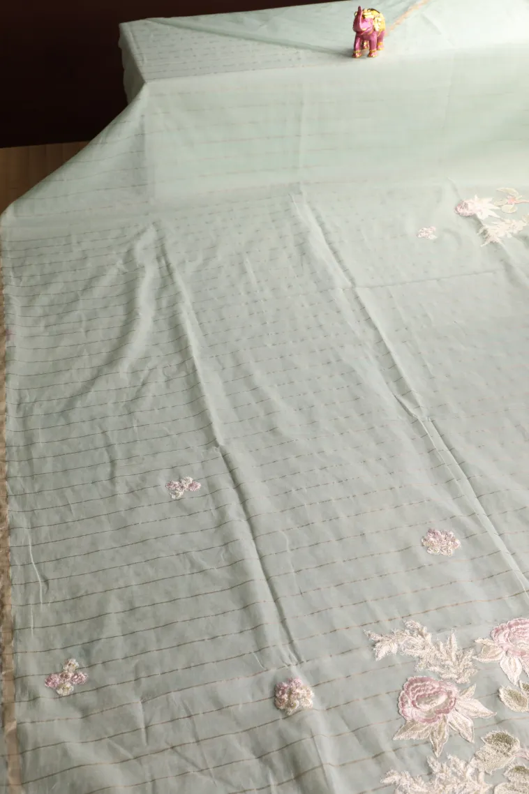Pistachio Green Linen Saree with Gold Zari Stripes view 2