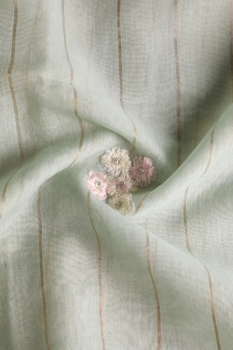 Pistachio Green Linen Saree with Gold Zari Stripes view 4