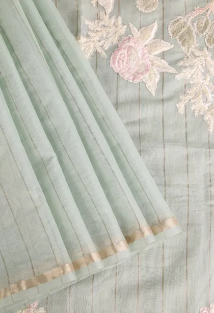 Pistachio Green Linen Saree with Gold Zari Stripes