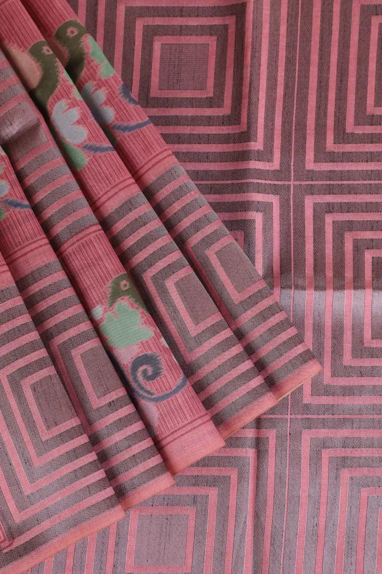 Rose Pink Tussar Saree with Silver Zari Geometric Shapes