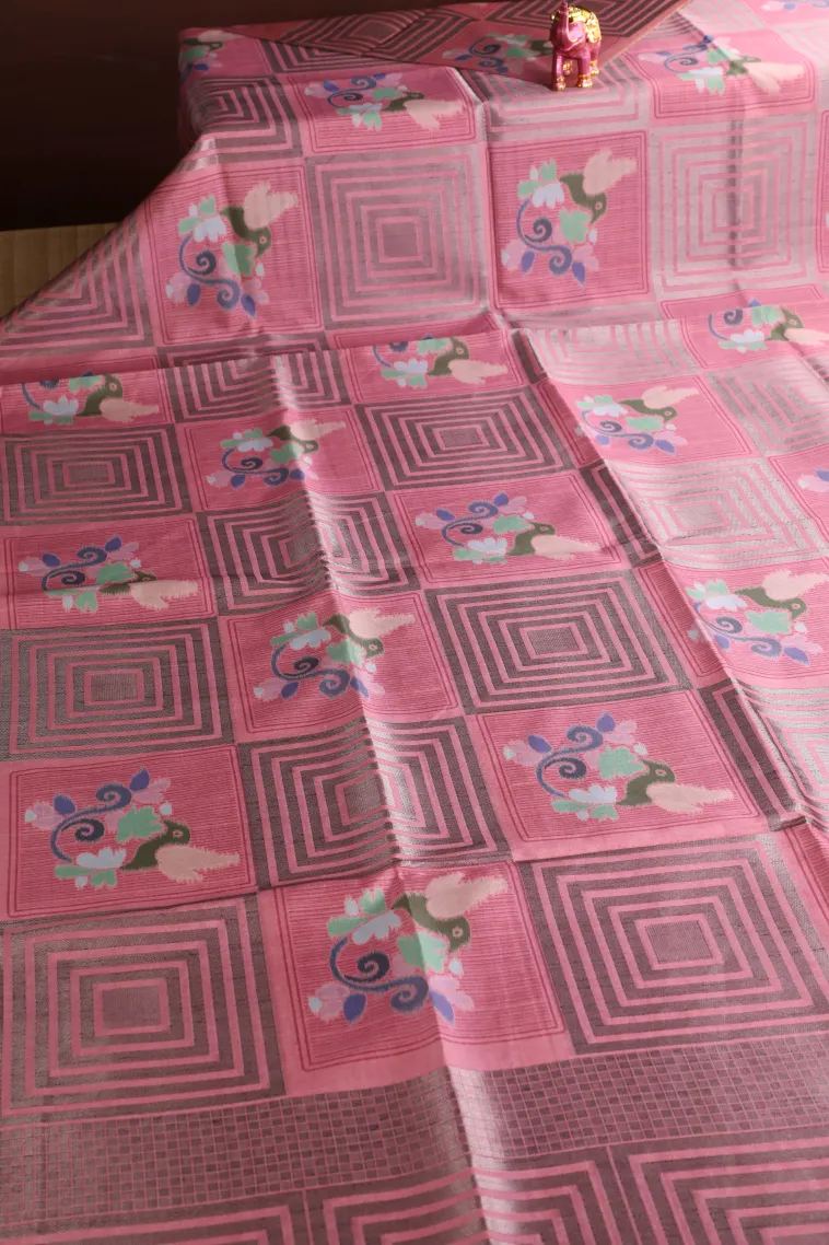 Rose Pink Tussar Saree with Silver Zari Geometric Shapes view 2
