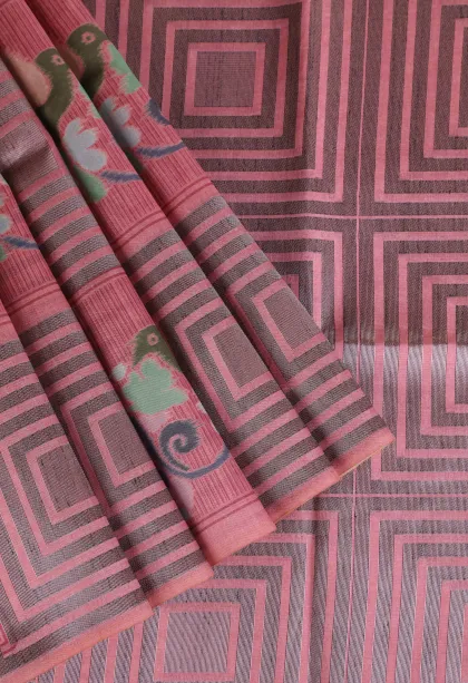 Rose Pink Tussar Saree with Silver Zari Geometric Shapes