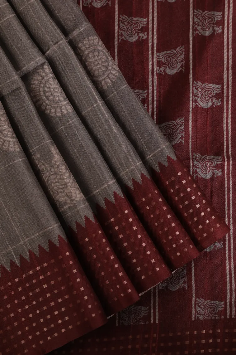 Gray Black Tussar Saree Without Zari With Checks And Puttas