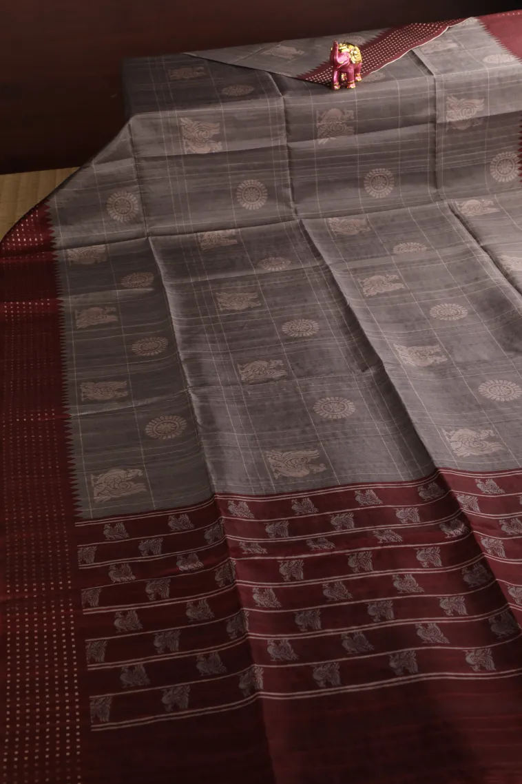 Gray Black Tussar Saree Without Zari With Checks And Puttas view 2