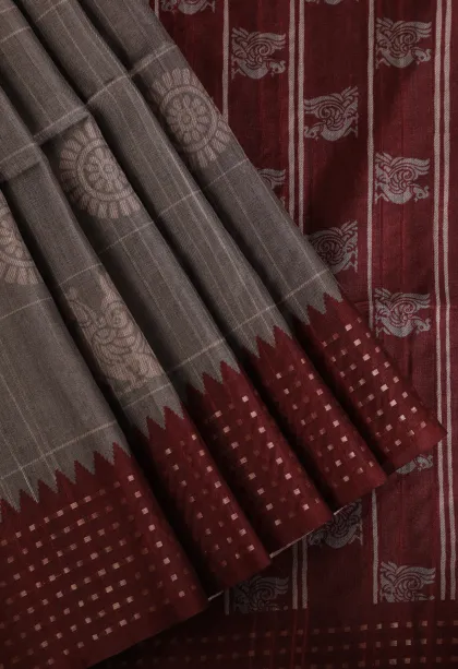 Gray Black Tussar Saree Without Zari With Checks And Puttas