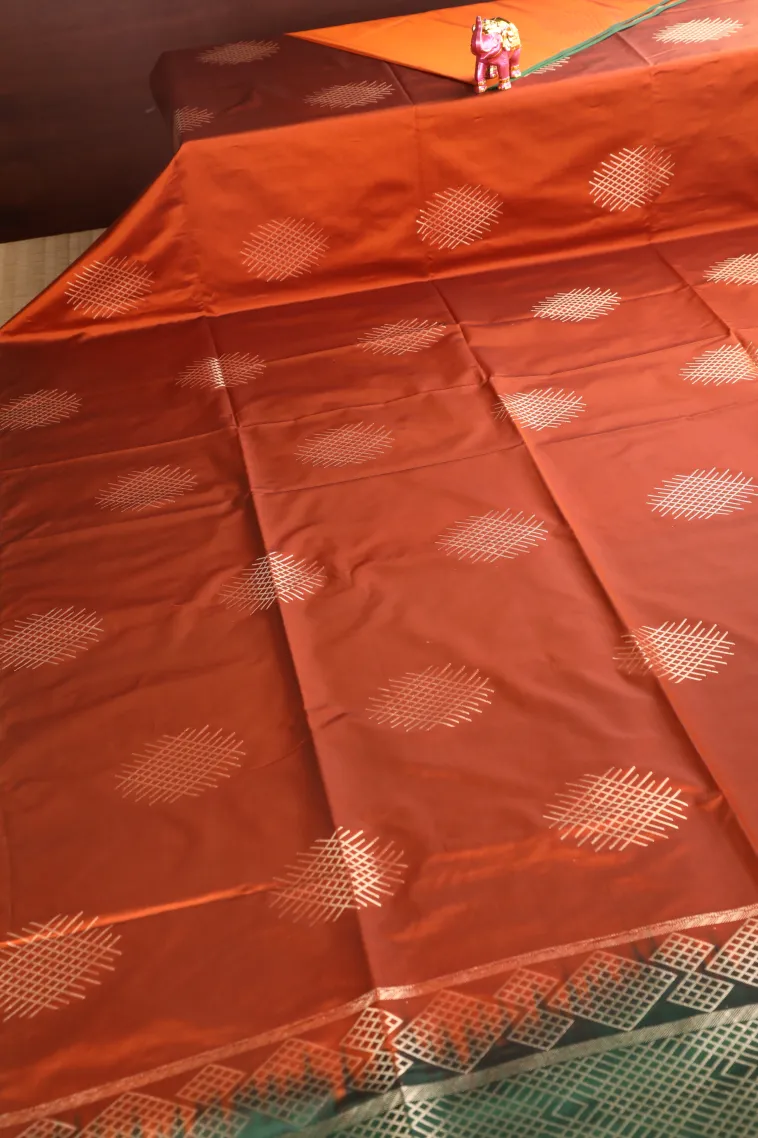 Candy Orange Soft Silk Saree with Gold Zari Geometric Shapes view 2