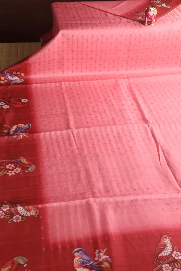 Rouge Pink Semi Tussar Silk with Gold Zari Stripes view 2
