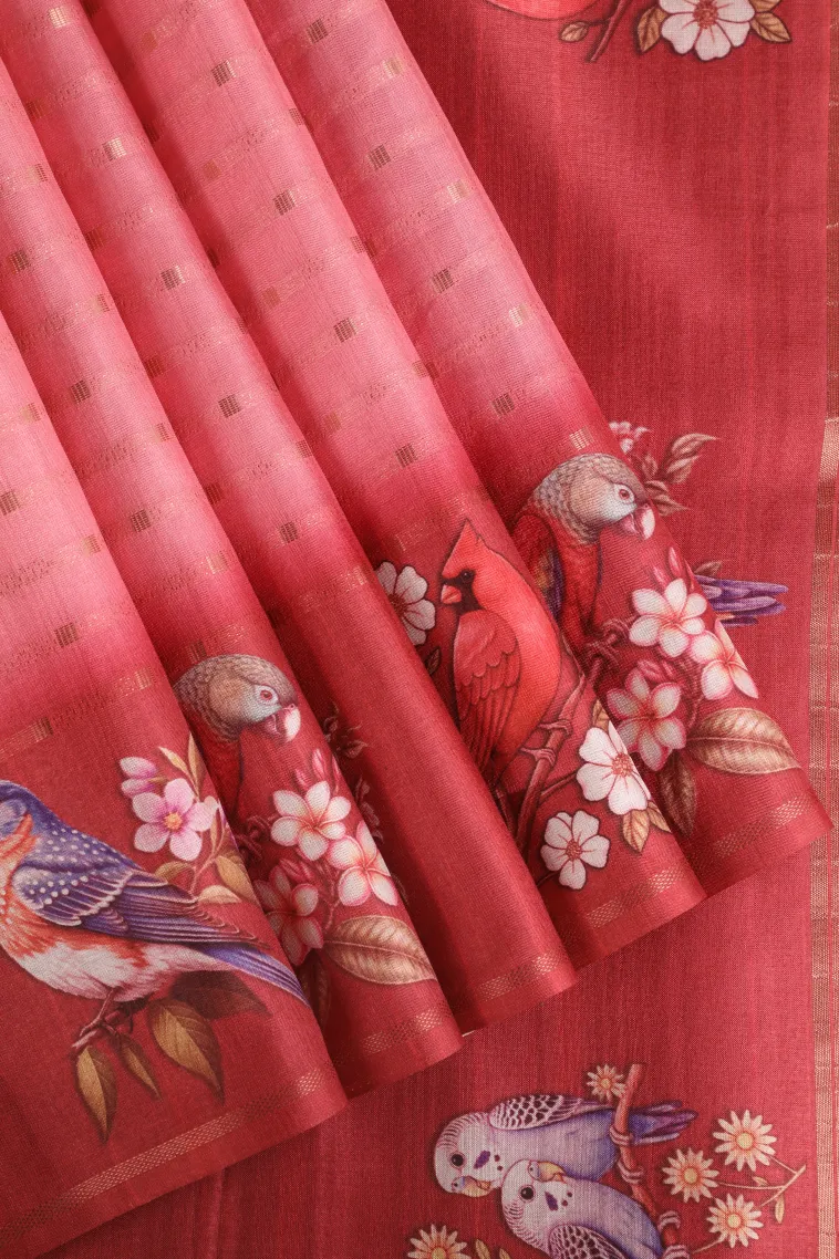 Rouge Pink Semi Tussar Silk with Gold Zari Stripes