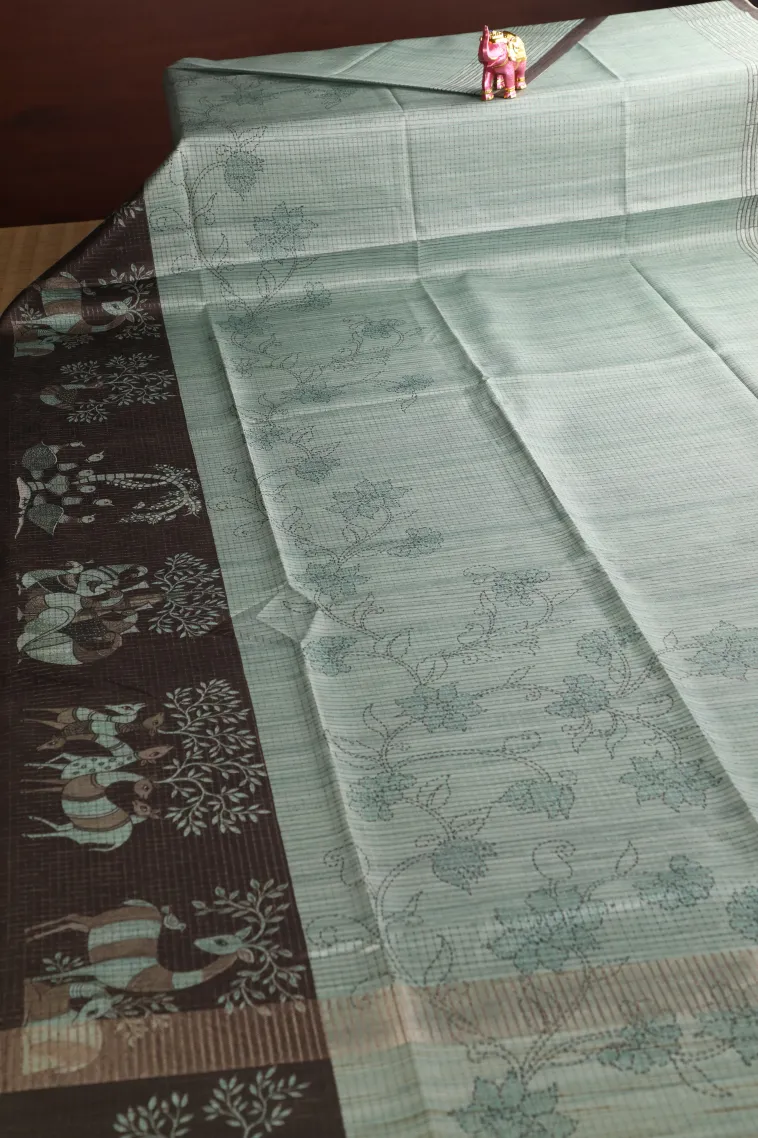 Pistachio Green Tussar Saree with Thread Zari Floral Patterns view 2