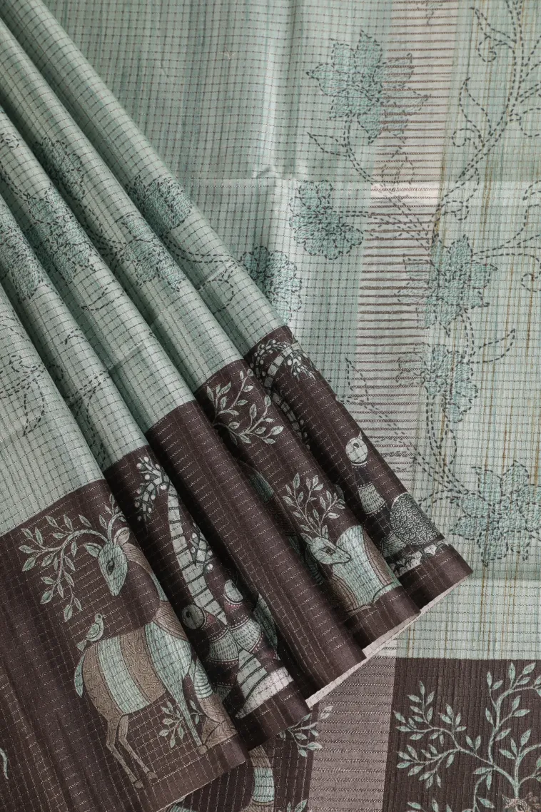 Pistachio Green Tussar Saree with Thread Zari Floral Patterns