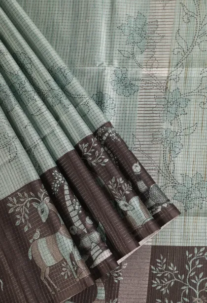 Pistachio Green Tussar Saree with Thread Zari Floral Patterns