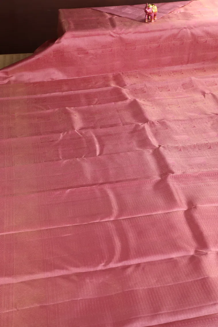 Rose Pink Kanchipuram Silk Sarees with Gold Zari Checks And Puttas view 2