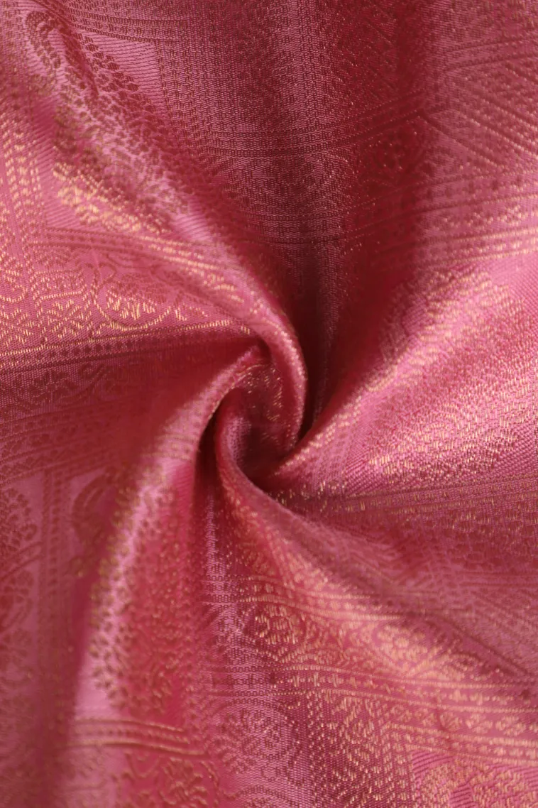 Rose Pink Kanchipuram Silk Sarees with Gold Zari Checks And Puttas view 4