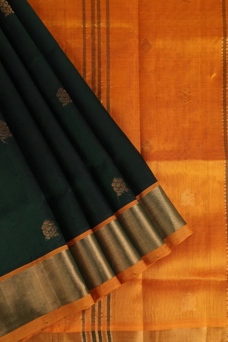 Bottle Green Silk Cotton with Gold Zari Buttis (small Dots Or Motifs)