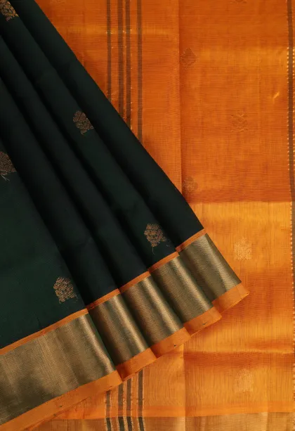 Bottle Green Silk Cotton with Gold Zari Buttis (small Dots Or Motifs)