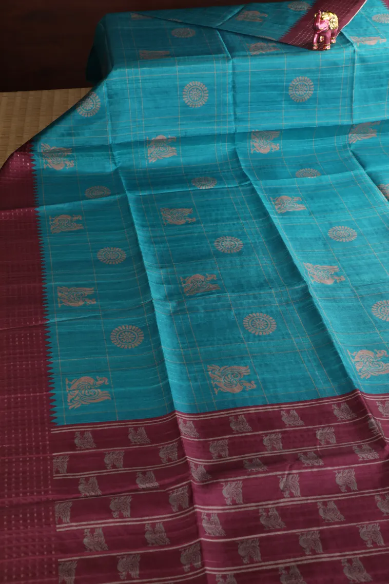 Cerulean Blue Tussar Saree Without Zari With Checks And Puttas view 2