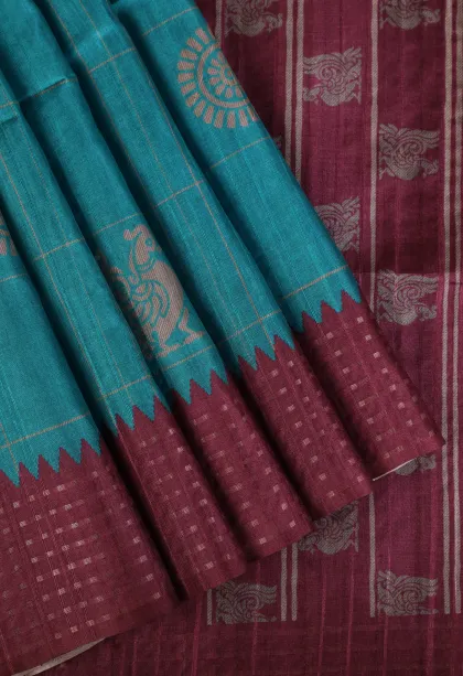 Cerulean Blue Tussar Saree Without Zari With Checks And Puttas