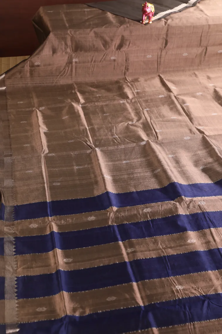 Peanut Brown Silk Cotton with Silver Zari Buttis (small Dots Or Motifs) view 2