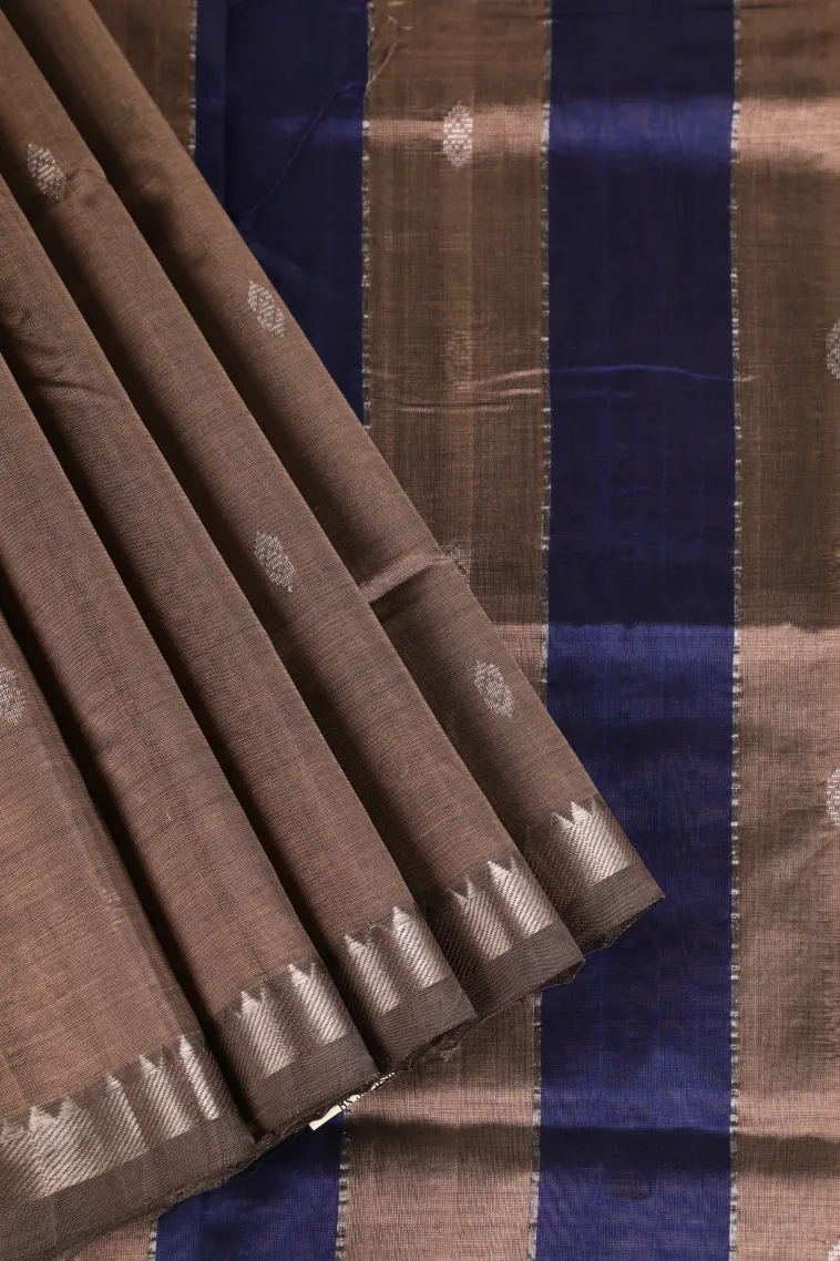 Peanut Brown Silk Cotton with Silver Zari Buttis (small Dots Or Motifs)