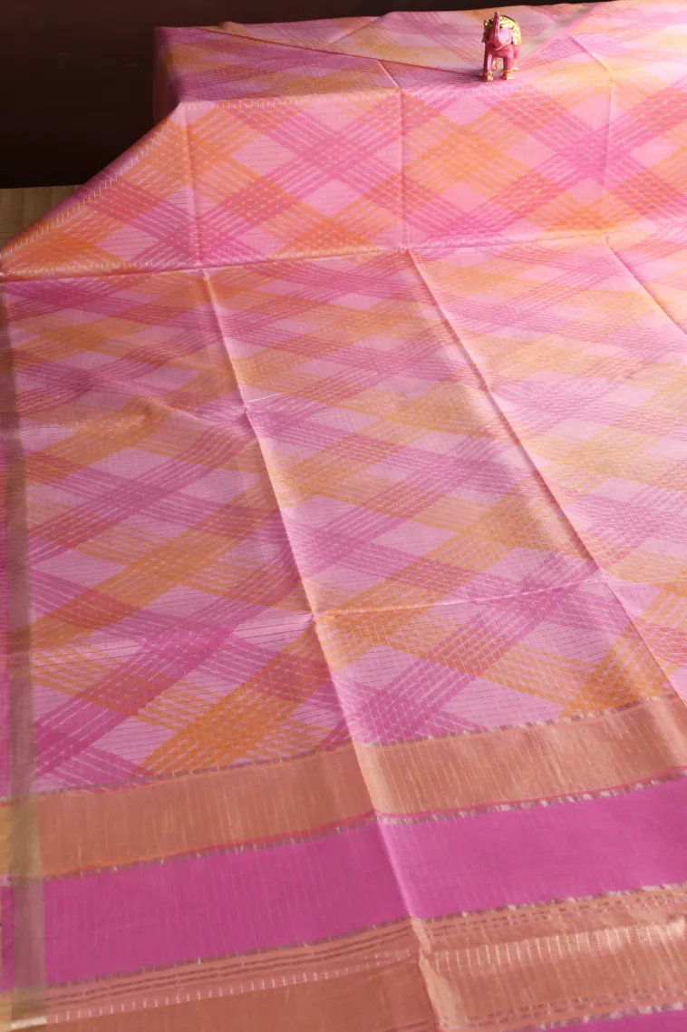 Lean Pink Semi Tussar Silk with Gold And Silver Zari Small Checks Pattern view 2