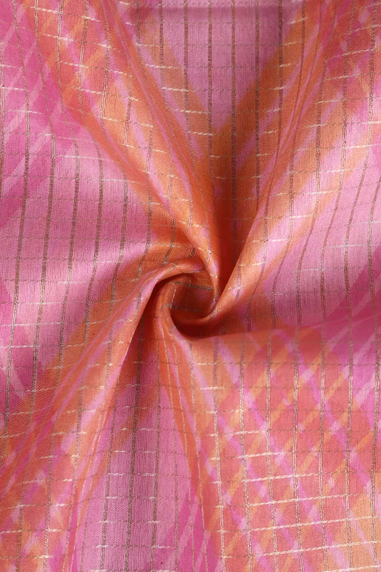 Lean Pink Semi Tussar Silk with Gold And Silver Zari Small Checks Pattern view 4