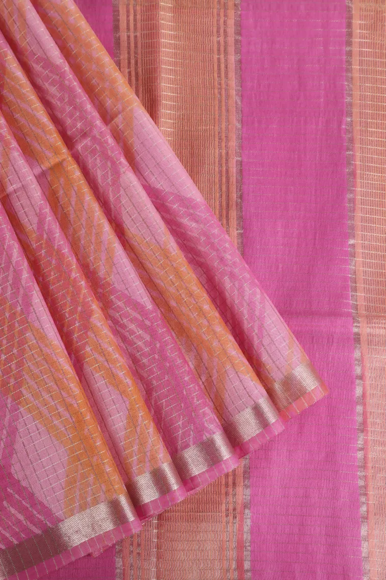 Lean Pink Semi Tussar Silk with Gold And Silver Zari Small Checks Pattern view 1