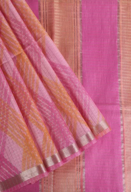 Lean Pink Semi Tussar Silk with Gold And Silver Zari Small Checks Pattern