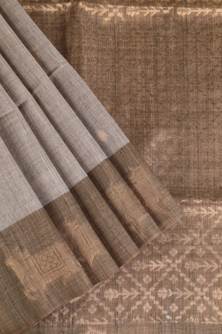 Gray Black Semi Tussar Silk with Gold Zari Buttis (small Dots Or Motifs)