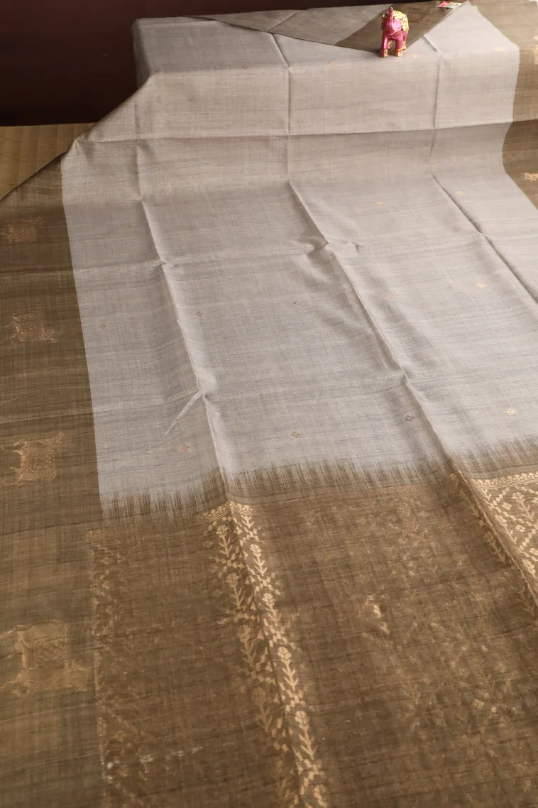 Gray Black Semi Tussar Silk with Gold Zari Buttis (small Dots Or Motifs) view 2