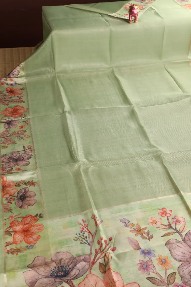 Olive Green Organza Saree with Gold Zari Plain view 2