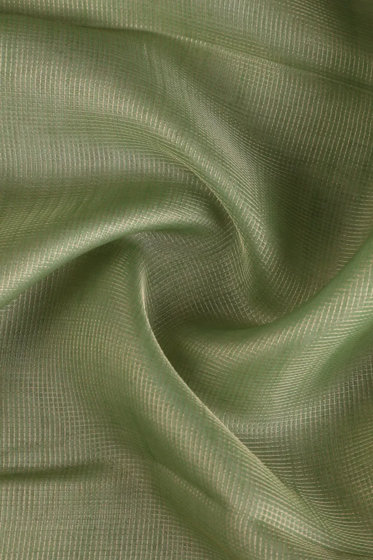 Olive Green Organza Saree with Gold Zari Plain view 4