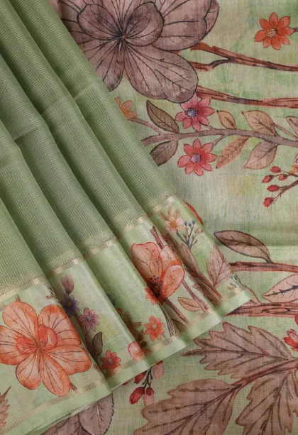 Olive Green Organza Saree with Gold Zari Plain
