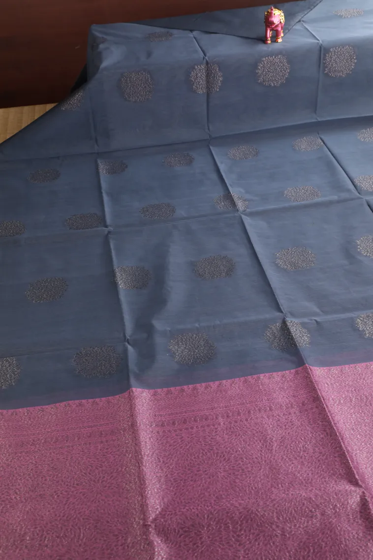 Stone Blue Silk Cotton Sarees with Antic Zari Flower Mottif view 2