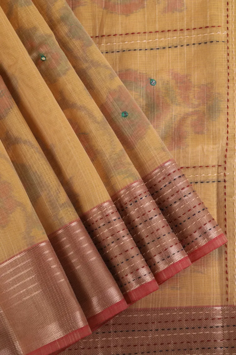 Macaroon Yellow Linen Saree with Gold Zari Floral Patterns
