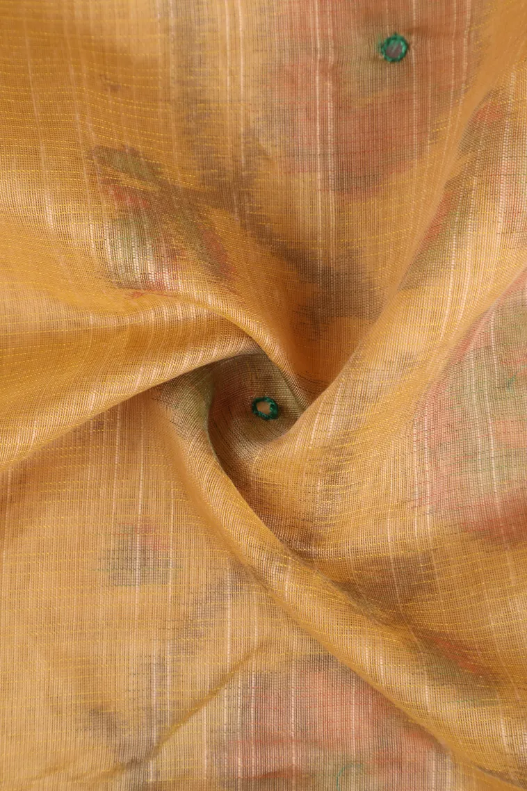Macaroon Yellow Linen Saree with Gold Zari Floral Patterns view 4