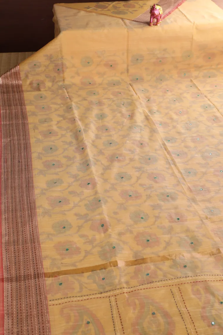 Macaroon Yellow Linen Saree with Gold Zari Floral Patterns view 2