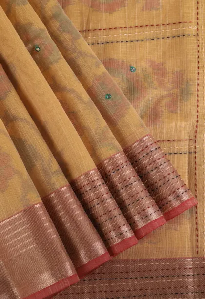 Macaroon Yellow Linen Saree with Gold Zari Floral Patterns