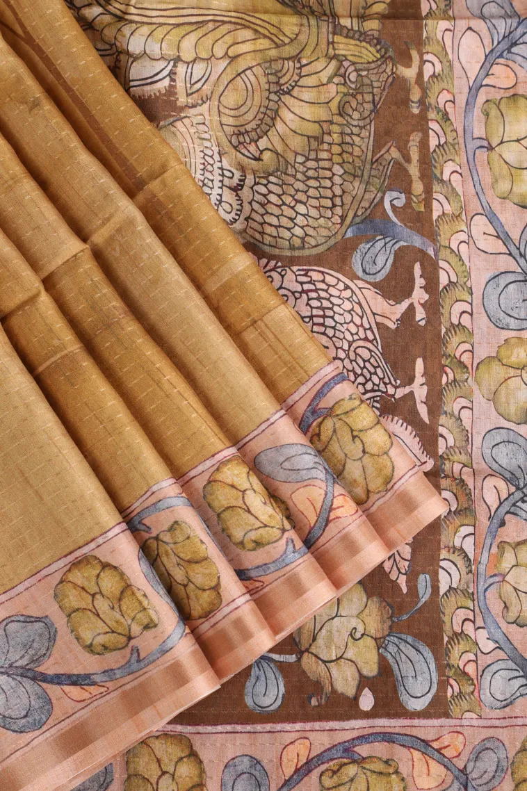 Gold Semi Tussar Silk with Gold Zari Birds And Floral Pattern