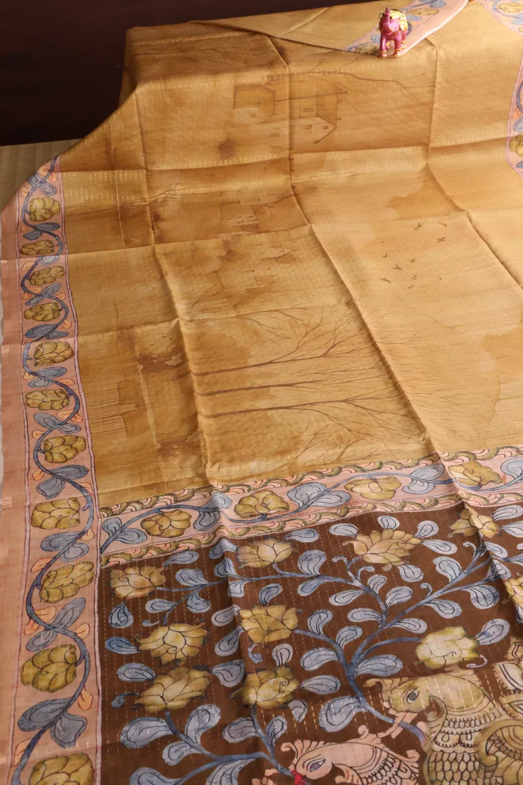 Gold Semi Tussar Silk with Gold Zari Birds And Floral Pattern view 2