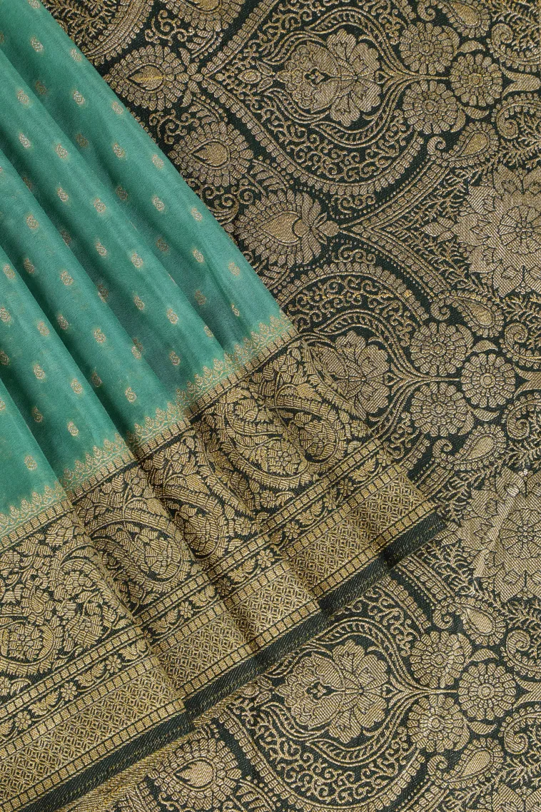 Teal Blue Tissue Banaras with Gold Zari Buttis (small Dots Or Motifs)
