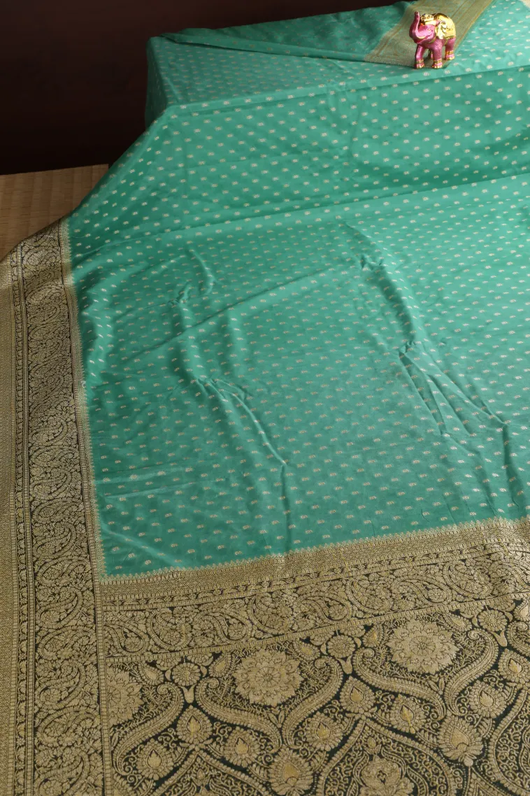 Teal Blue Tissue Banaras with Gold Zari Buttis (small Dots Or Motifs) view 2