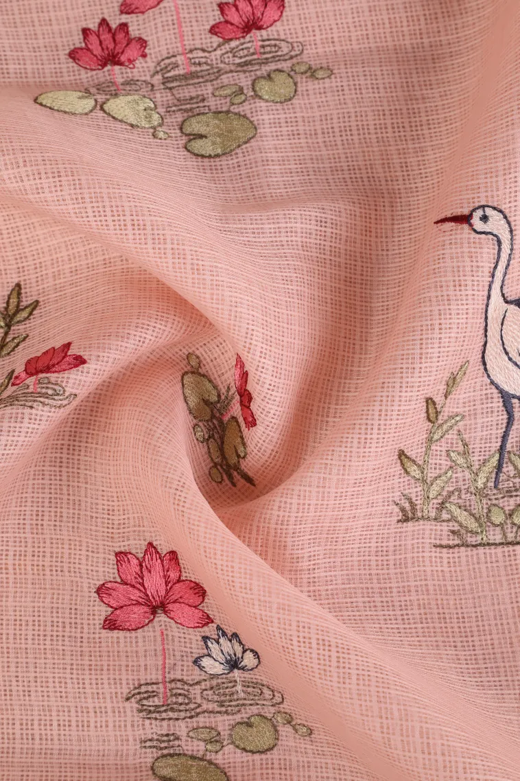 Peach Pink Manipuri Cotton Sarees with Thread Zari Birds And Floral Pattern view 4