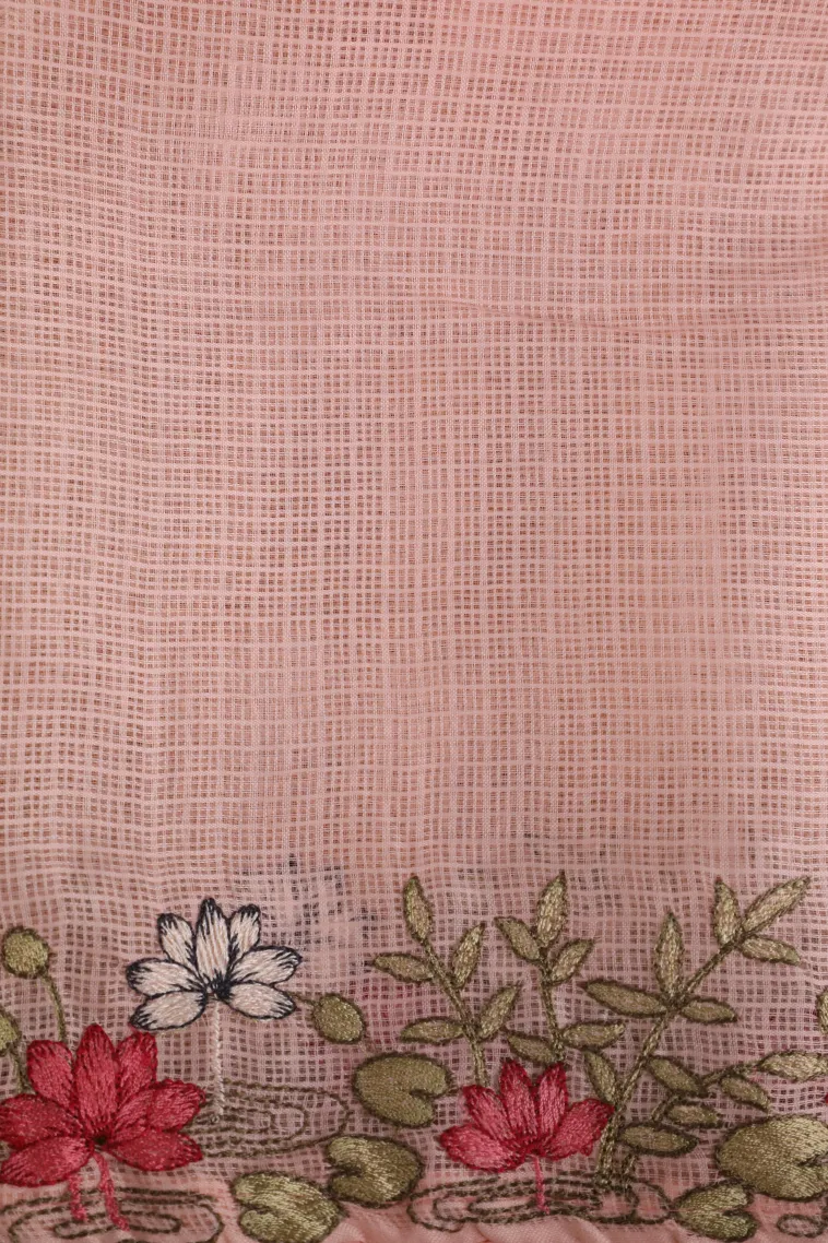 Peach Pink Manipuri Cotton Sarees with Thread Zari Birds And Floral Pattern view 3