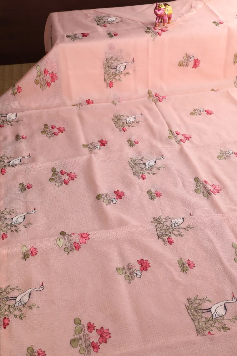 Peach Pink Manipuri Cotton Sarees with Thread Zari Birds And Floral Pattern view 2