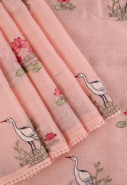 Peach Pink Manipuri Cotton Sarees with Thread Zari Birds And Floral Pattern