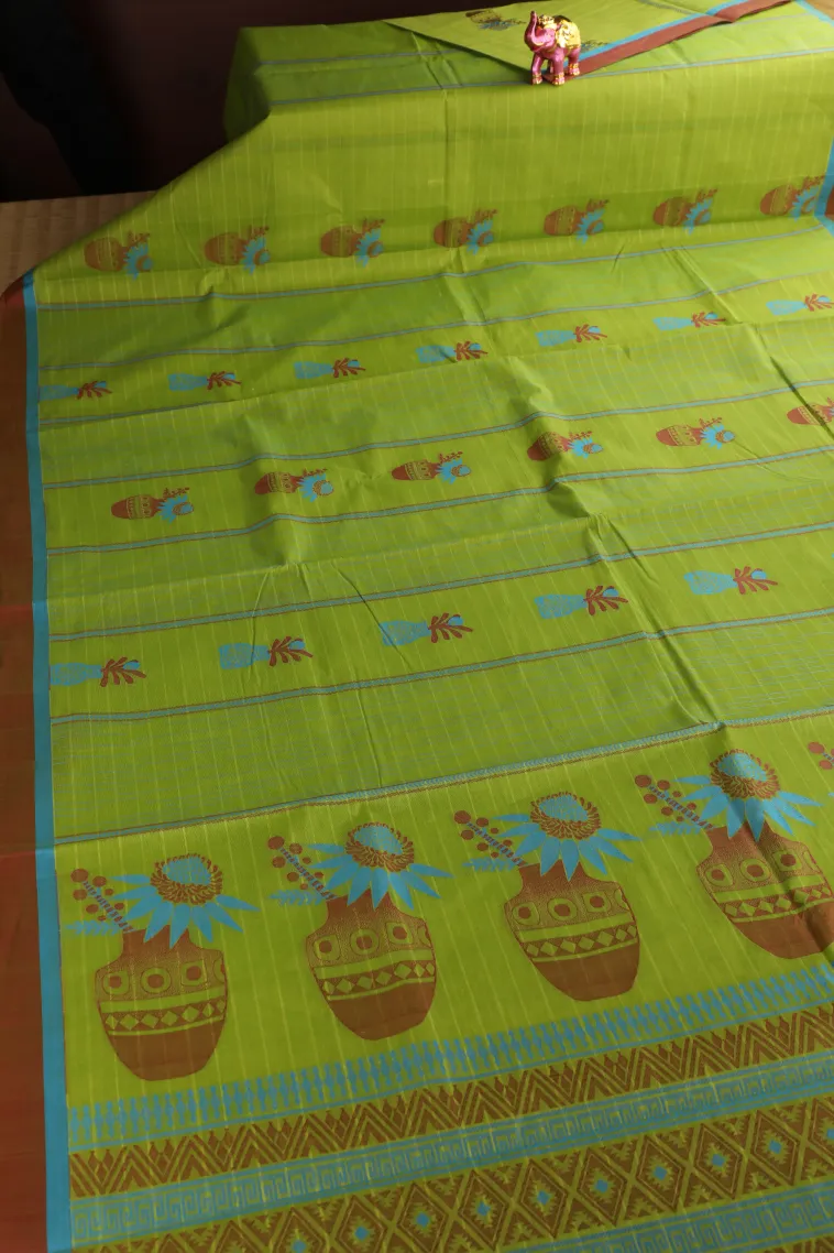 Pear Green Pure Handloom Kovai Cotton Without Zari With Stripes And Puttas view 2