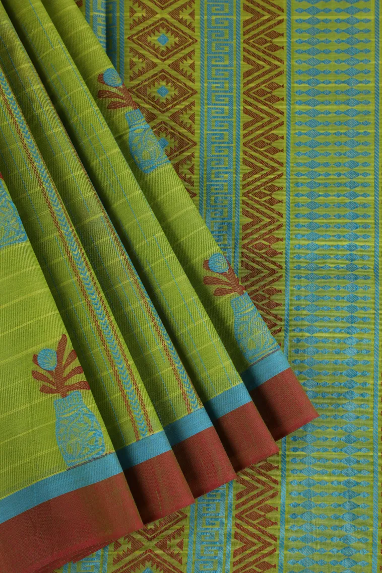 Pear Green Pure Handloom Kovai Cotton Without Zari With Stripes And Puttas view 1