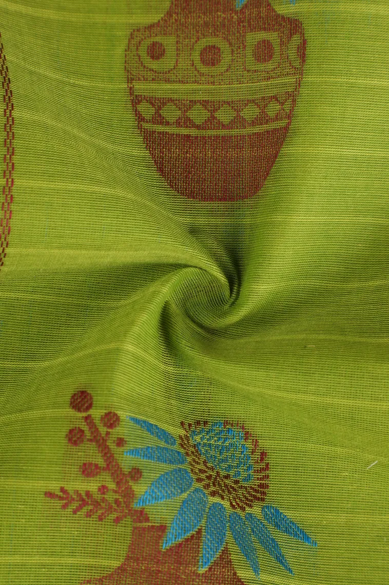 Pear Green Pure Handloom Kovai Cotton Without Zari With Stripes And Puttas view 4
